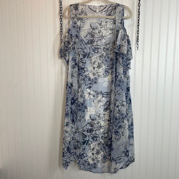 BCBGeneration Blue Floral Sheer Lightweight Cold Shoulder Kimono Top One Size - Picture 2 of 6